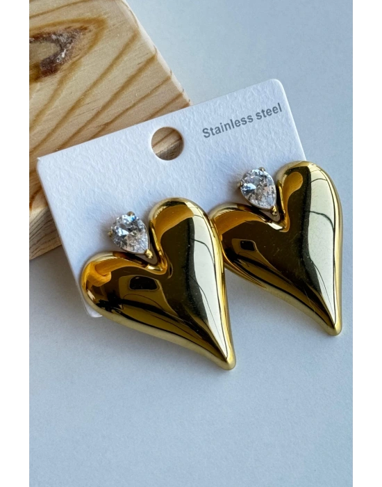 Premıum Seri Amora Shıne Bombeli Kalp Tasarım Damla Zirkon Taş Detaylı Kadın Çelik Küpe