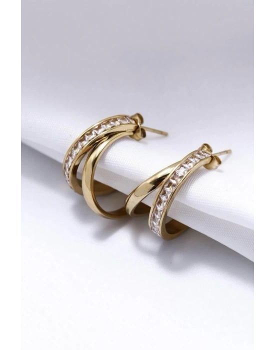 Premıum Seri Dual Grace Tasarım İkili Görünüm Baget Zirkon Taş Detaylı Kadın Çelik Küpe