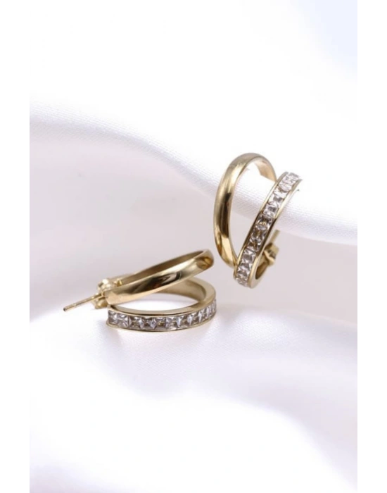 Premıum Seri Dual Grace Tasarım İkili Görünüm Baget Zirkon Taş Detaylı Kadın Çelik Küpe