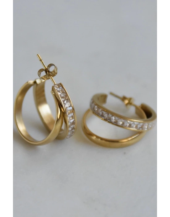 Premıum Seri Dual Grace Tasarım İkili Görünüm Baget Zirkon Taş Detaylı Kadın Çelik Küpe