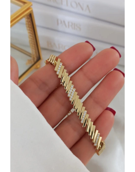 Premıum Seri Lıora Tasarım Yatay Çizgi Görünüm Zirkon Taşlı 14K Xuping Kadın Çelik Bileklik