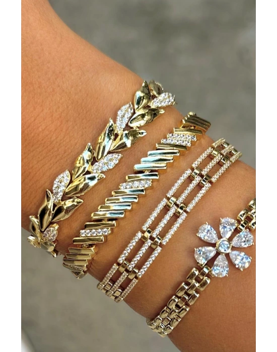 Premıum Seri Lıora Tasarım Yatay Çizgi Görünüm Zirkon Taşlı 14K Xuping Kadın Çelik Bileklik