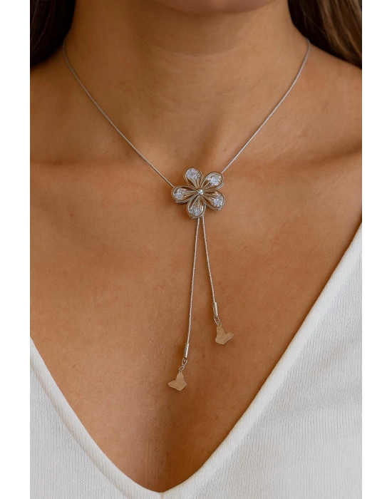 Zarif Asansörlü Lotus Çiçeği Y Tasarım 60 Cm Renk Atmaz Kararmaz Kadın Çelik Kolye