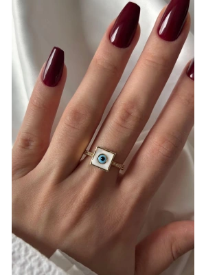 Yeni Sezon Beyaz Mavi Mineli Kenarları Taşlı Nazar Boncuğu Model Ayarlanabilir Kadın Yüzük