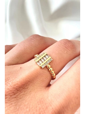 Yeni Sezon Sıralı Dikdörtgen Zirkon Taşlı Boncuk Detaylı Ayarlanabilir Şık Kadın Yüzük