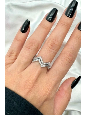 Özel Seri Çift Görünüm Zikzak Model Zirkon Taşlı Ayarlanabilir Kadın Tasarım Çelik Yüzük