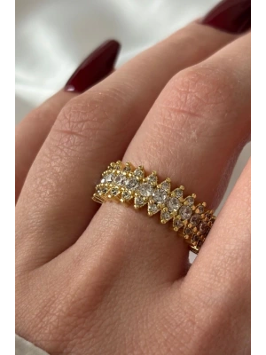 Yeni Sezon Mekik Model Sıra Zirkon Taşlı Ayarlanabilir Kadın Çelik Yüzük