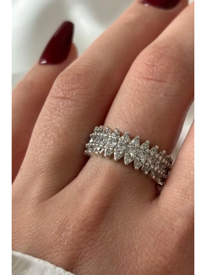 Yeni Sezon Mekik Model Sıra Zirkon Taşlı Ayarlanabilir Kadın Çelik Yüzük