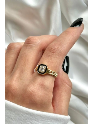 Premium İthal Seri Sekizgen Zirkon Taşlı Tek Taş Ayarlanabilir Tasarım Kadın Çelik Yüzük