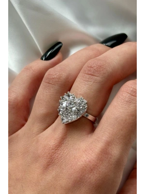 Premium İthal Seri Full Zirkon Taşlı Kalp Model Tek Taş Ayarlanabilir Tasarım Kadın Çelik Yüzük