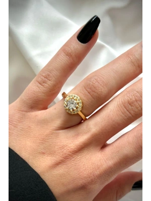 Premium İthal Seri Baget Zirkon Taşlı Tek Taş Ayarlanabilir Tasarım Kadın Çelik Yüzük