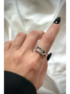 Elips Zirkon Taş Çerçeve Minimal Tek Taş Boncuk Kenar Detaylı Tasarım Kadın Çelik Yüzük