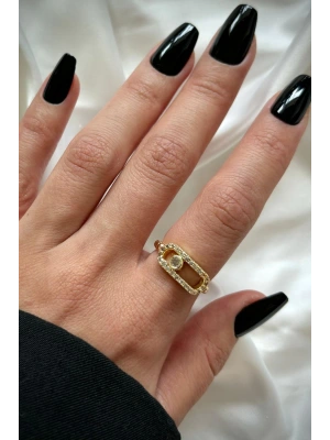 Elips Zirkon Taş Çerçeve Minimal Tek Taş Boncuk Kenar Detaylı Tasarım Kadın Çelik Yüzük