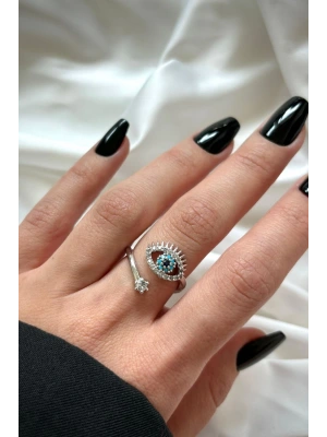 Özel Seri Baget Zirkon Taşlı Sarmal Nazar Boncuğu Göz Tasarım Ayarlanabilir Kadın Çelik Yüzük