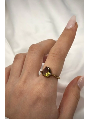 Vintage Seri Ayarlanabilir Paslanmaz Kararmaz Düz Kollu Damla Tasarım Zultanit Doğal Taş Bronz Yüzük