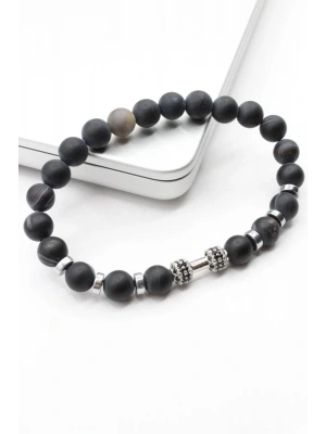 Premium Seri Doğal Akik Taşı Çelik Zirkon Taşlı Dambıl Model Erkek Bileklik