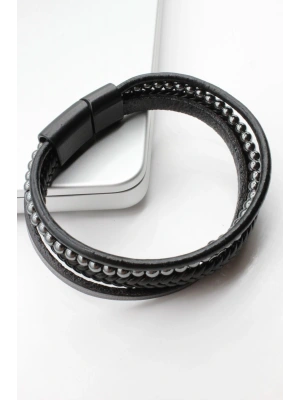 Özel Üretim Örgülü Hematit Taşlı 4lü Görünüm Manyetik Tokalı Deri Erkek Bileklik