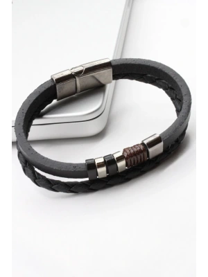 Özel Üretim 2li Görünüm Örgülü Düz Çelik Detaylı Kararmaz Erkek Deri Bileklik