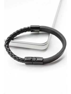 Özel Üretim Yarısı Örgü Yarısı Düz Görünüm Siyah Çavuş Tokalı Manyetik Kilitli Erkek Deri Bileklik