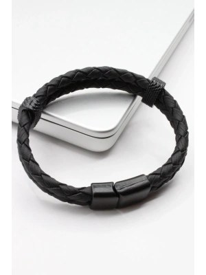 Özel Seri 2li Örgü Model Klasik Elips Siyah Tokalı Manyetik Kilitli Erkek Deri Bileklik