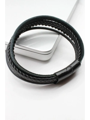 Özel Üretim Örgülü Hematit Taşlı 4lü Görünüm Manyetik Tokalı Hakiki Deri Erkek Bileklik