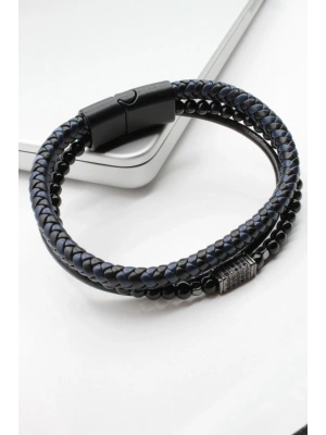 Premium Seri Çelik Kare Zirkon Taş Detaylı Lacivert Kombin 3lü Görünüm Hakiki Deri Erkek Bileklik