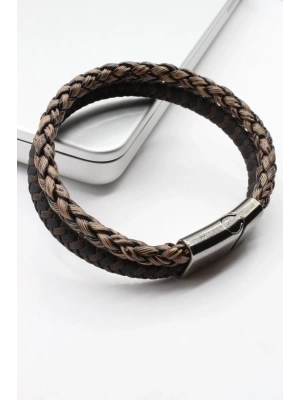 Premium Seri Hasır Örgü Tasarım 2li Görünüm Kahverengi Hakiki Deri Erkek Bileklik