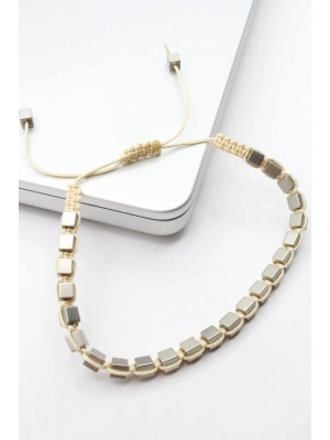 Premium Seri Çoklu Küp Model Krem Renk Hematit Taşı Asansör İpli Ayarlanabilir Erkek Bileklik