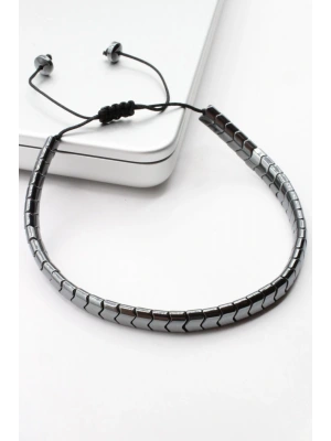 Premium Seri Dalgalı Asimetrik Hematit Taşlı Asansör İpli Ayarlanabilir Erkek Bileklik