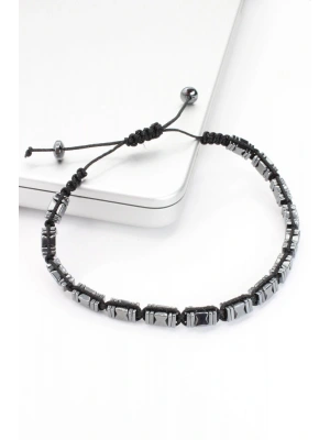 Premium Seri Dikdörtgen Asimetrik Desenli Hematit Taşlı Asansör İpli Ayarlanabilir Erkek Bileklik