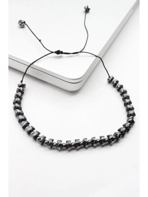 Özel Tasarım Oval Kesim Asimetrik Hematit Taşlı Asansör İpli Ayarlanabilir Doğal Taş Erkek Bileklik