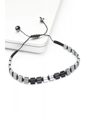 Özel Tasarım İnce Kesim Dikdörtgen Hematit Taşlı Asansör İpli Ayarlanabilir Doğal Taş Erkek Bileklik