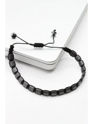 Özel Tasarım Halatlı Kare Hematit Taşlı Asansör İpli Ayarlanabilir Doğal Taş Erkek Bileklik