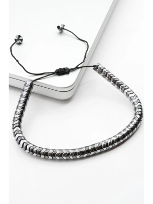 Özel Tasarım 2 Renk Oval Asimetrik Hematit Taşlı Asansör İpli Ayarlanabilir Doğal Taş Erkek Bileklik