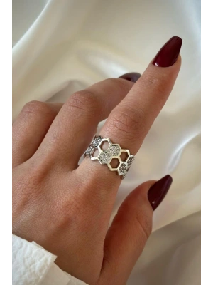 İkili Bal Peteği Tasarım Zirkon Taşlı Ayarlanabilir Kadın Yüzük