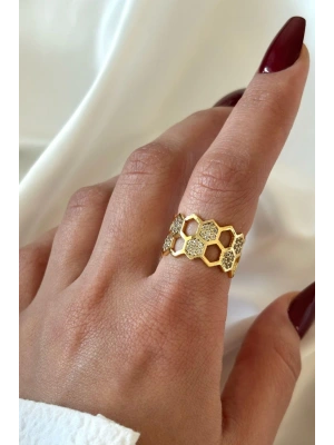 İkili Bal Peteği Tasarım Zirkon Taşlı Ayarlanabilir Kadın Yüzük