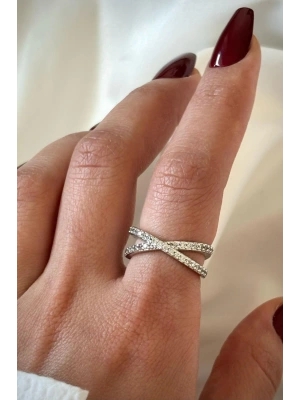 Çapraz Tasarım Zirkon Taşlı Ayarlanabilir Kadın Yüzük