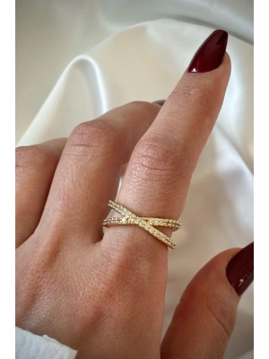 Çapraz Tasarım Zirkon Taşlı Ayarlanabilir Kadın Yüzük