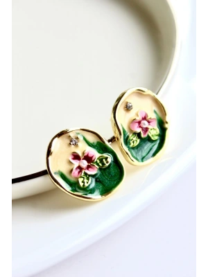 Vintage Pembe Çiçek Motifli 3d Tablo Tasarım Kadın Çelik Küpe