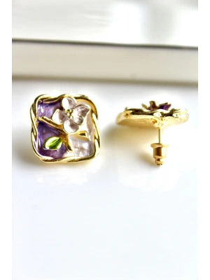 Vintage Kare Burgu Kenarlı Mor Çiçek Motifli 3d Tablo Tasarım Kadın Çelik Küpe