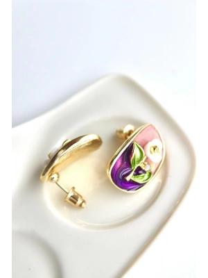 Vintage Çok Renkli Elips Beyaz Çiçek Motifli 3d Tablo Tasarım Kadın Çelik Küpe