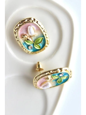 Vintage Incili Beyaz Gül Motifli 3d Tablo Tasarım Kadın Çelik Küpe