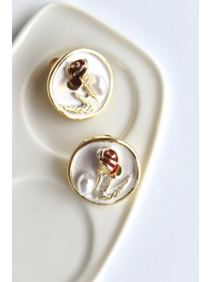 Vintage Kırmızı Gül Motifli 3d Tablo Tasarım Kadın Çelik Küpe