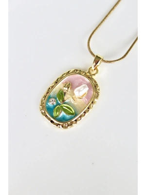 Vintage Incili Beyaz Gül Motifli 3d Tablo Tasarım Kadın Çelik Kolye