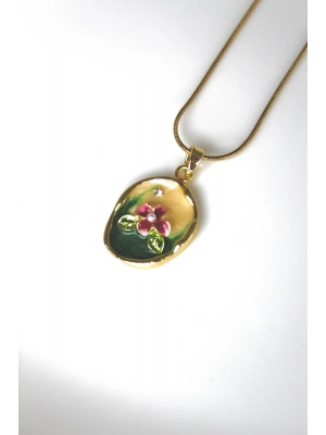 Vintage Pembe Çiçek Motifli 3d Tablo Tasarım Kadın Çelik Kolye