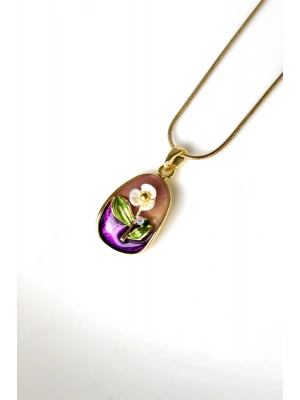 Vintage Çok Renkli Elips Beyaz Çiçek Motifli 3d Tablo Tasarım Kadın Çelik Kolye