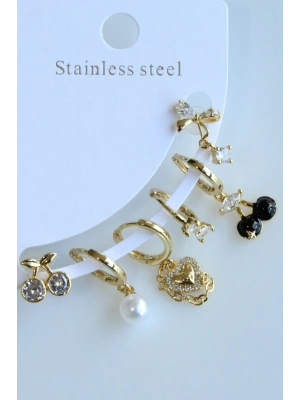 6 Lı Kiraz Tasarım Kararmaz Renk Atmaz Çoklu Kadın Çelik Küpe