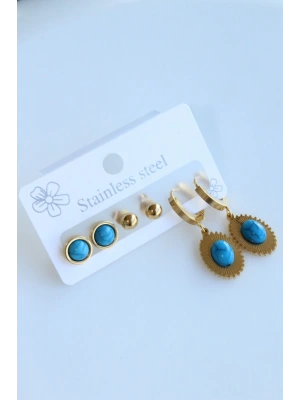 6 Lı Firuze Taşlı Tasarım Kararmaz Renk Atmaz Çoklu Kadın Çelik Küpe