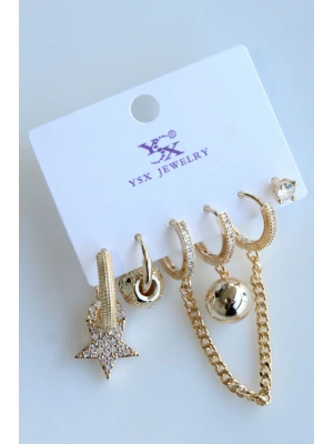 6 Lı Full Zirkon Taşlı Yıldızlı Tasarım Kararmaz Renk Atmaz Çoklu Kadın Çelik Küpe