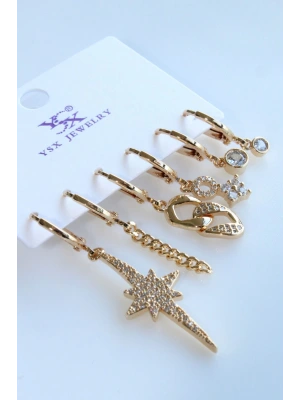 6 Lı Kuzey Yıldızı Gurmet Zincir Tasarım Kararmaz Renk Atmaz Çoklu Kadın Çelik Küpe